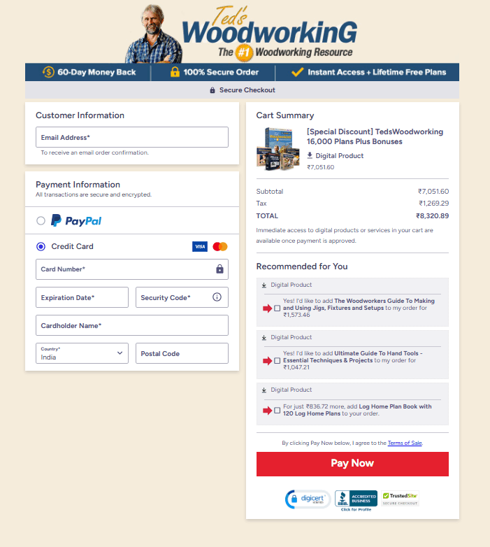 Teds Woodworking checkout page